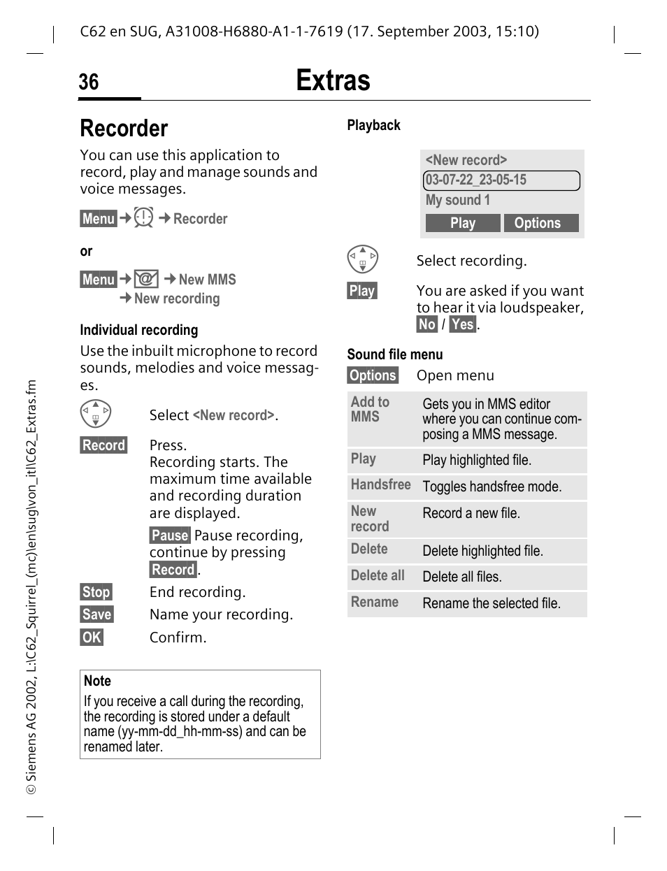 Recorder, Extras | Siemens C62 User Manual | Page 37 / 69