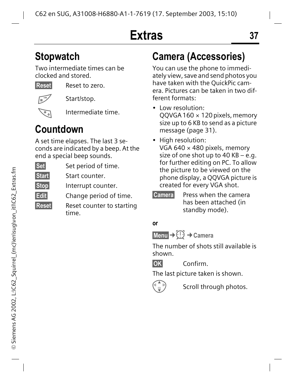 Countdown, Stopwatch countdown camera (accessories), Extras | Stopwatch, Camera (accessories) | Siemens C62 User Manual | Page 38 / 69
