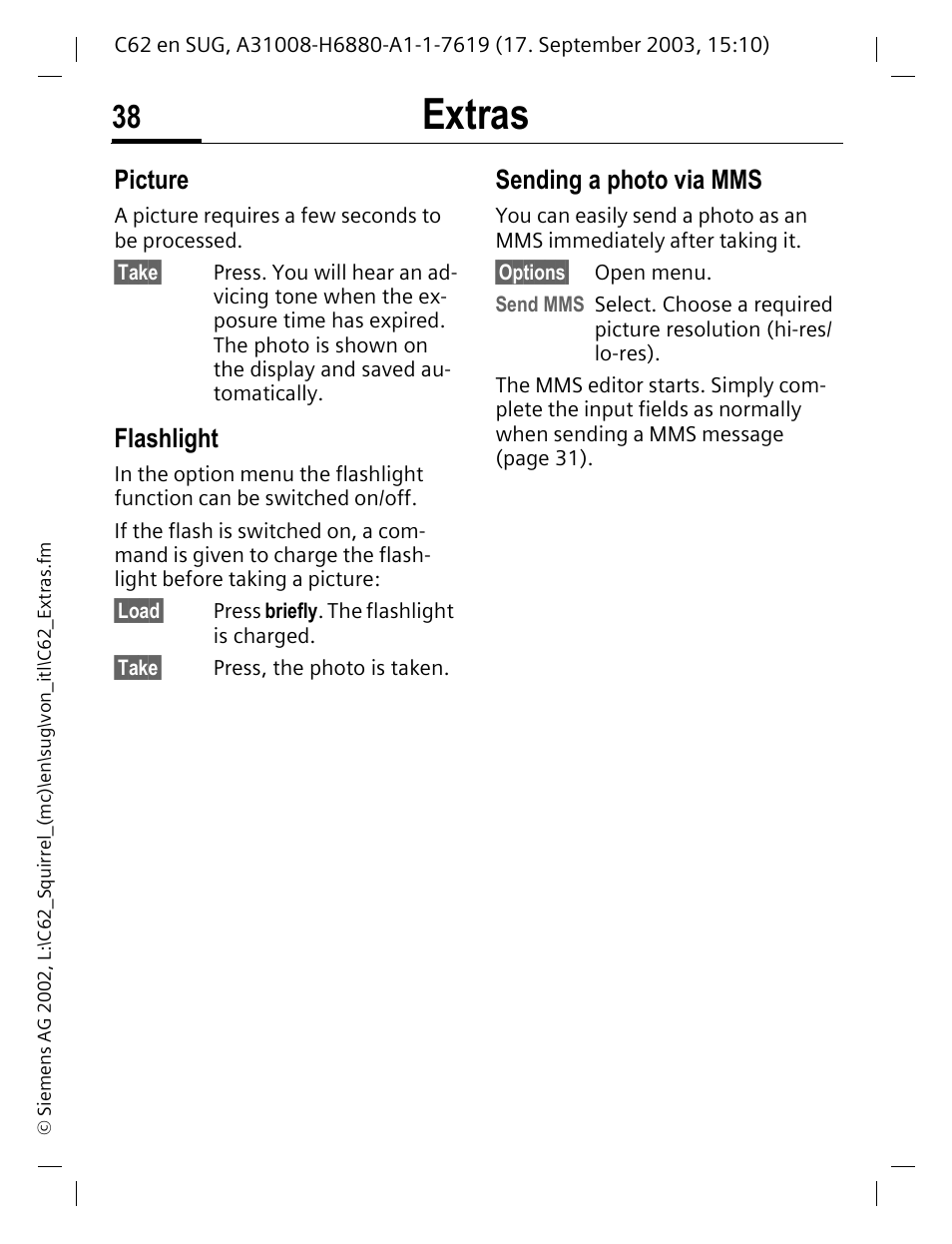 Flashlight, Extras, Picture | Sending a photo via mms | Siemens C62 User Manual | Page 39 / 69