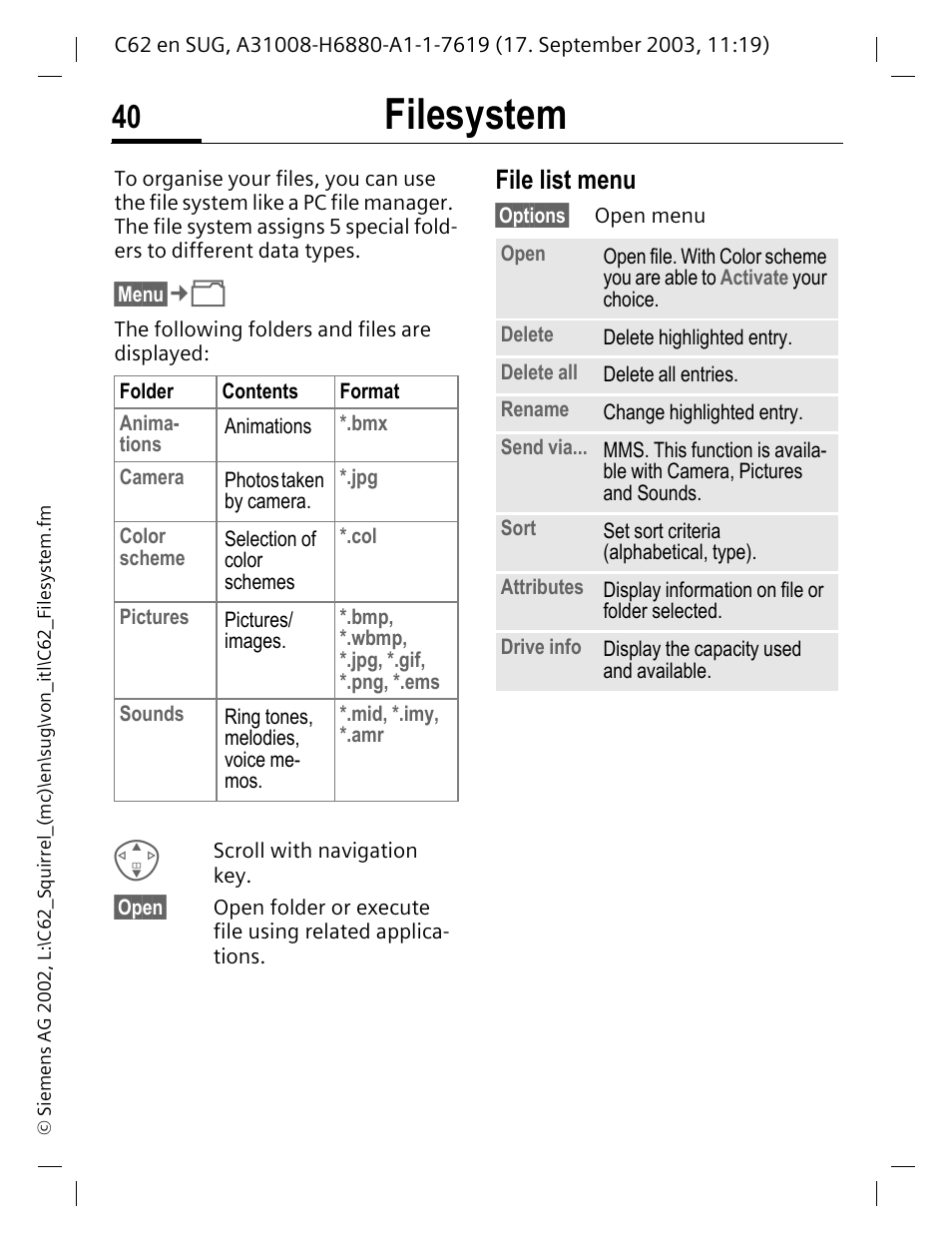 Filesystem, File list menu | Siemens C62 User Manual | Page 41 / 69