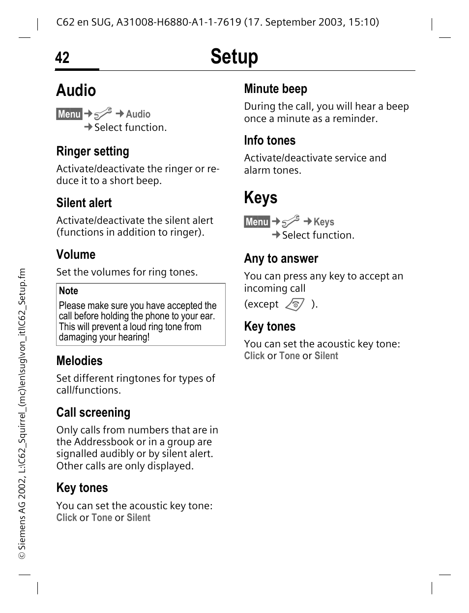 Ringer setting, Silent alert, Volume | Melodies, Call screening, Key tones, Info tones, Any to answer, Setup, Audio | Siemens C62 User Manual | Page 43 / 69