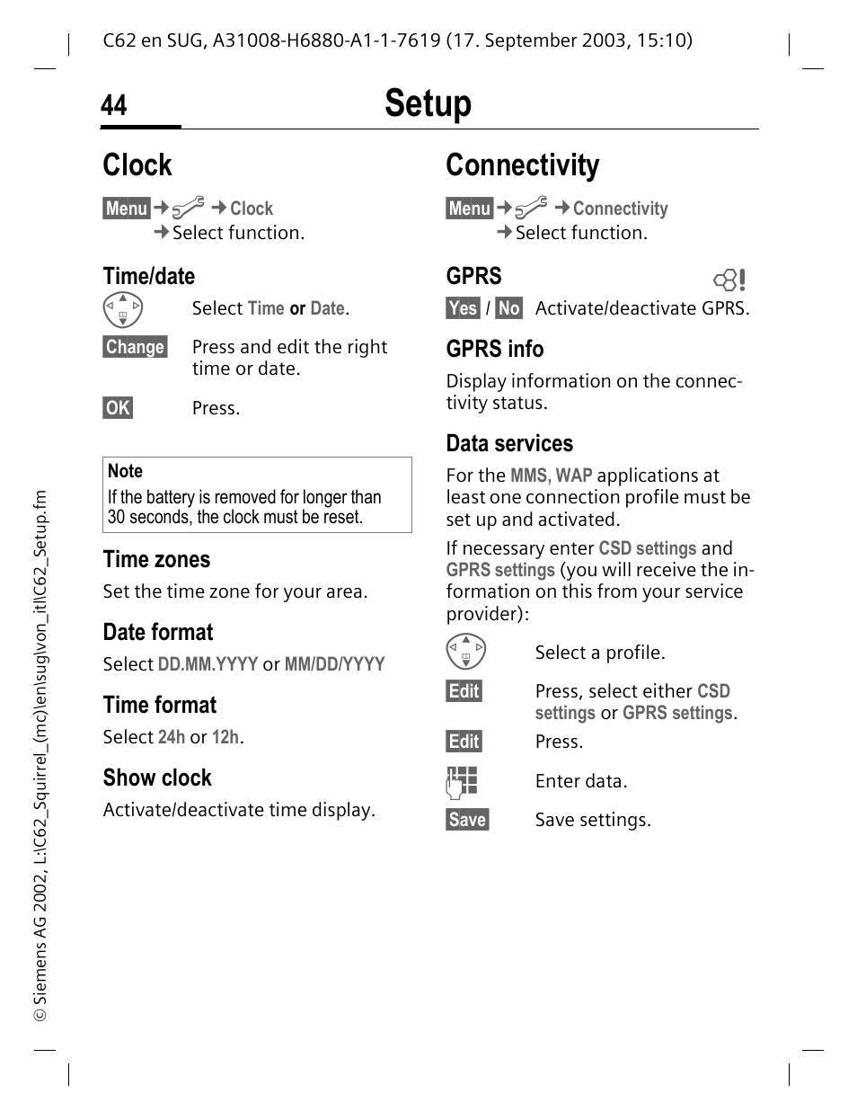 Time/date, Time zones, Date format | Time format, Show clock, Gprs, Gprs info, Data services, Setup, Clock | Siemens C62 User Manual | Page 45 / 69