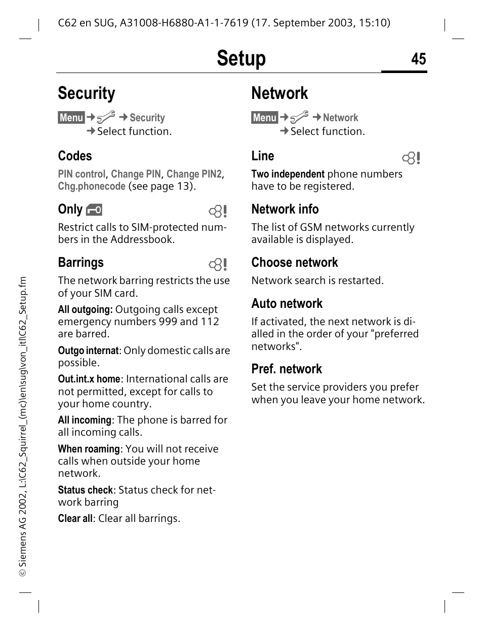 Codes, Only, Barrings | Line, Network info, Choose network, Auto network, Pref. network, Setup, Security | Siemens C62 User Manual | Page 46 / 69