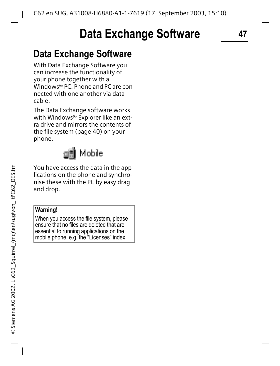 Data exchange software | Siemens C62 User Manual | Page 48 / 69