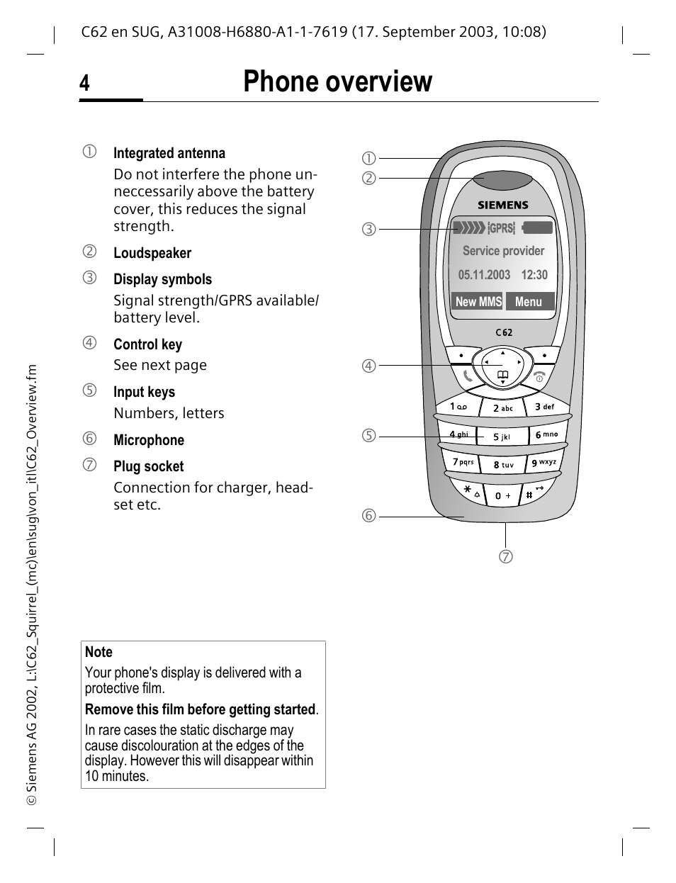 Phone overview | Siemens C62 User Manual | Page 5 / 69