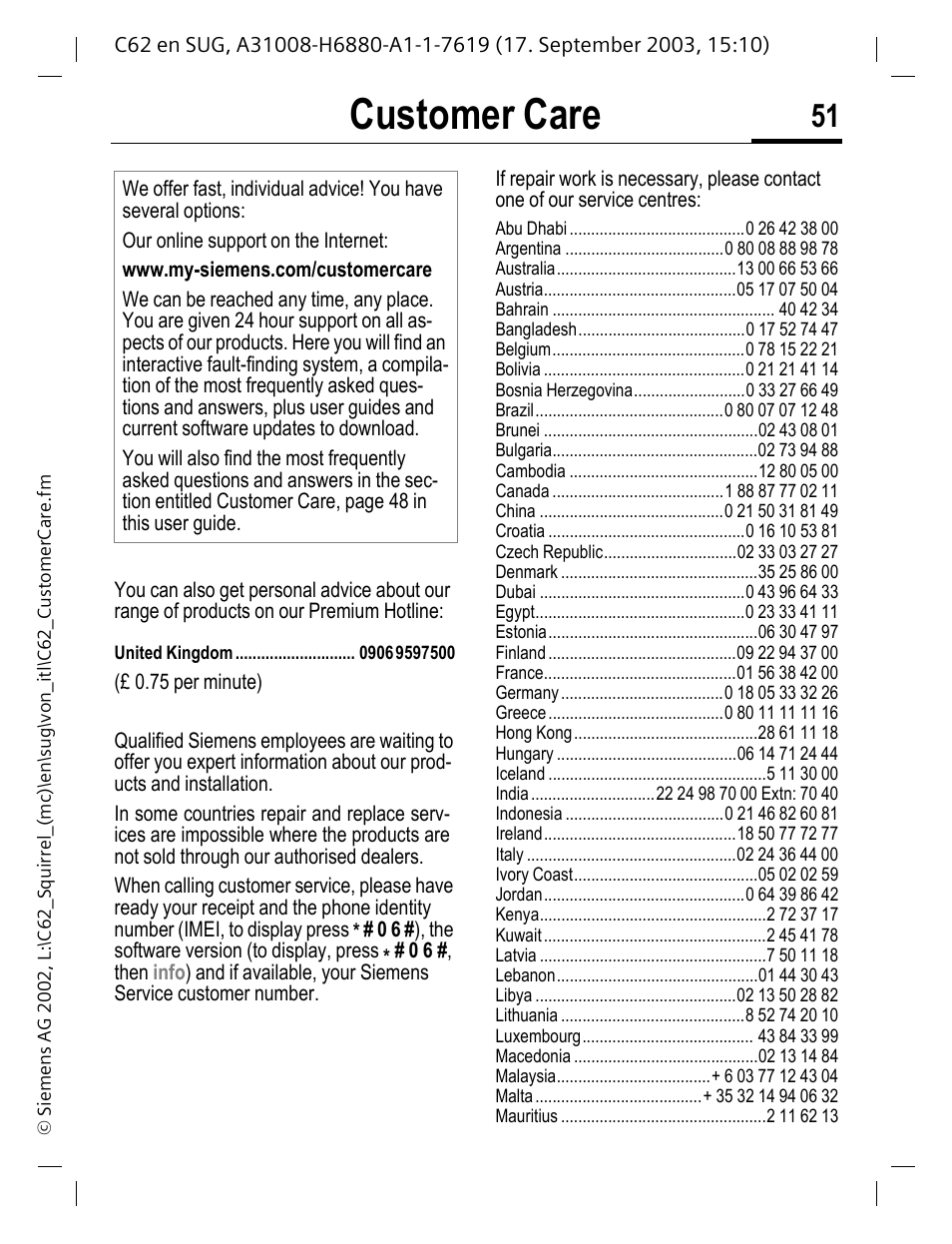 Customer care | Siemens C62 User Manual | Page 52 / 69
