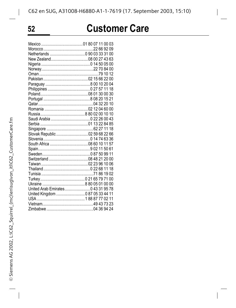 Customer care | Siemens C62 User Manual | Page 53 / 69