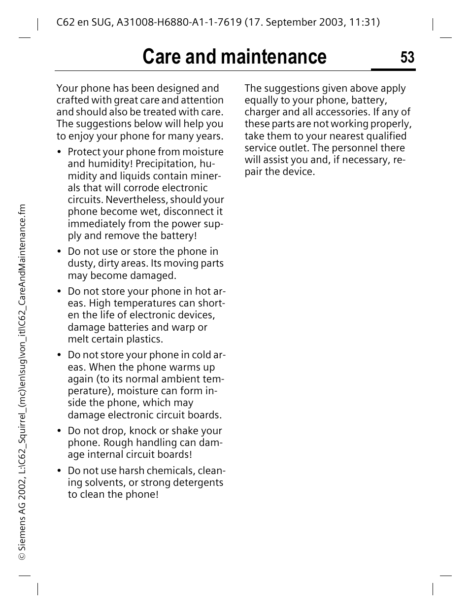 Care and maintenance | Siemens C62 User Manual | Page 54 / 69