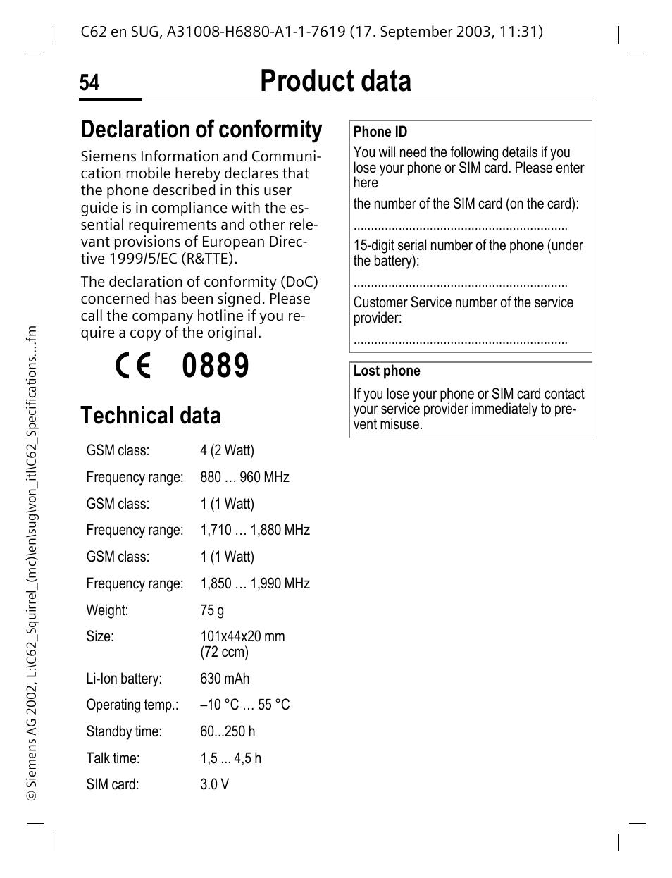 Product data, Declaration of conformity, Technical data | Siemens C62 User Manual | Page 55 / 69