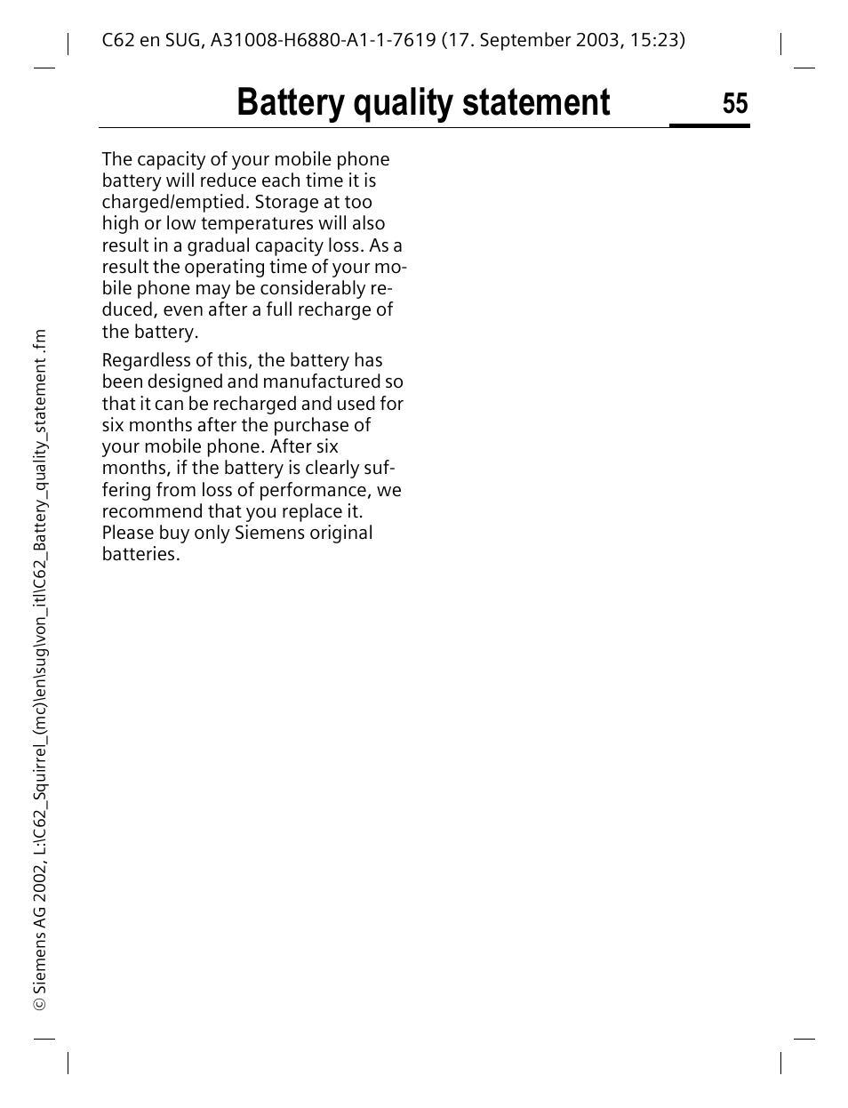 Battery quality statement | Siemens C62 User Manual | Page 56 / 69