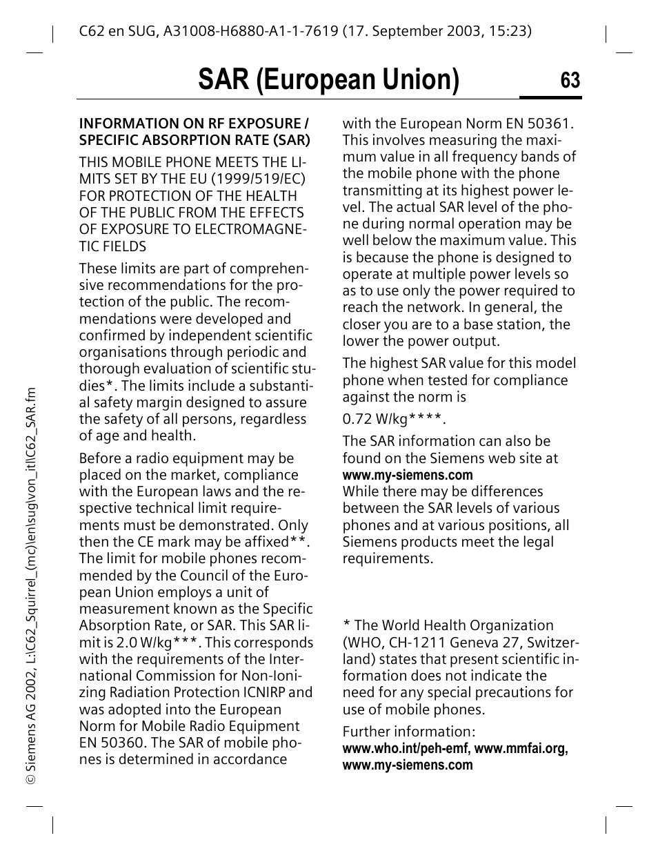 Sar (european union) | Siemens C62 User Manual | Page 64 / 69