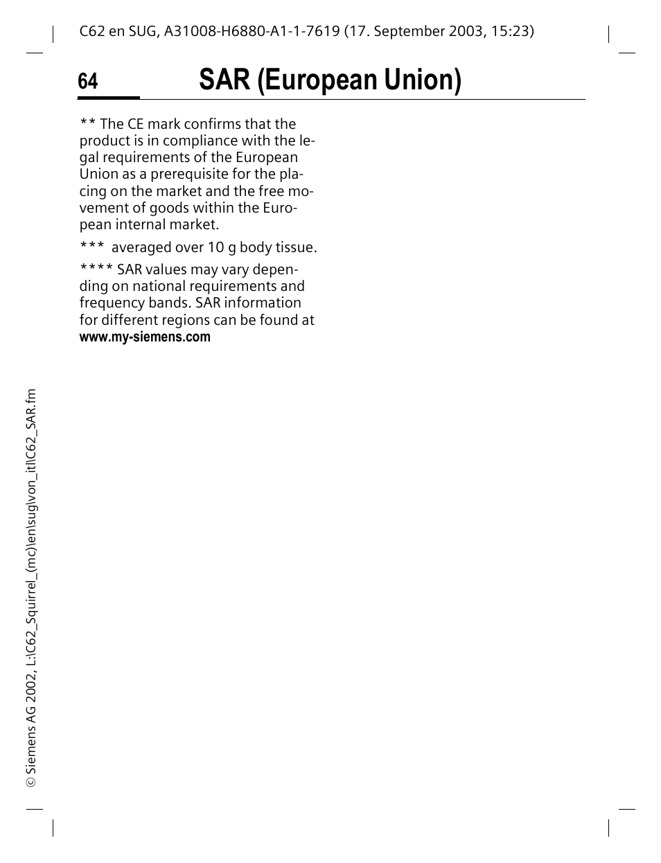 Sar (european union) | Siemens C62 User Manual | Page 65 / 69