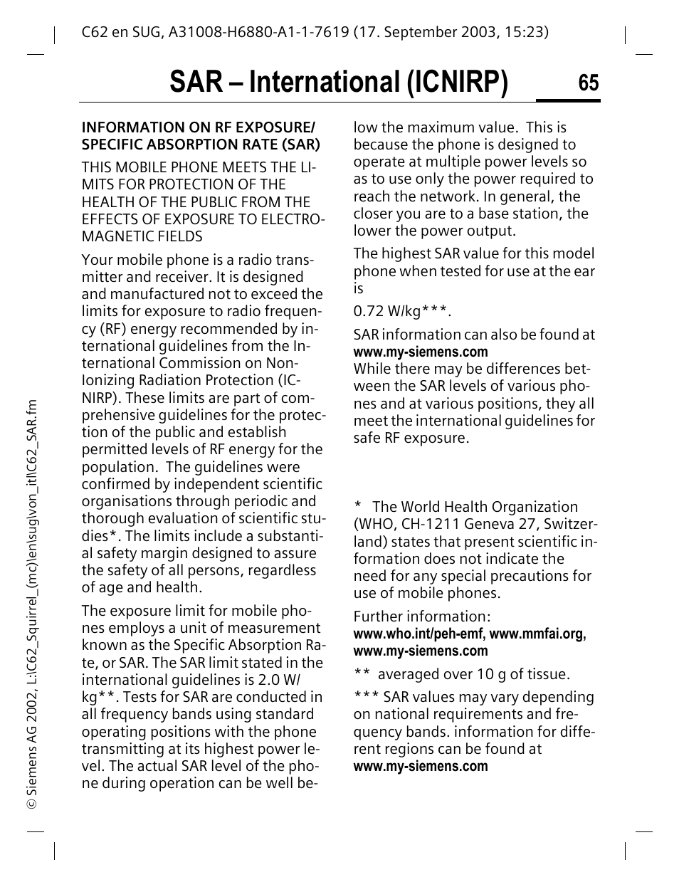 Sar – international (icnirp) | Siemens C62 User Manual | Page 66 / 69