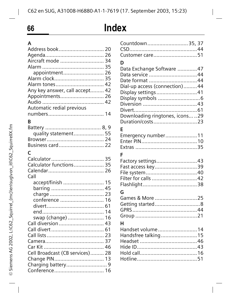 Index | Siemens C62 User Manual | Page 67 / 69