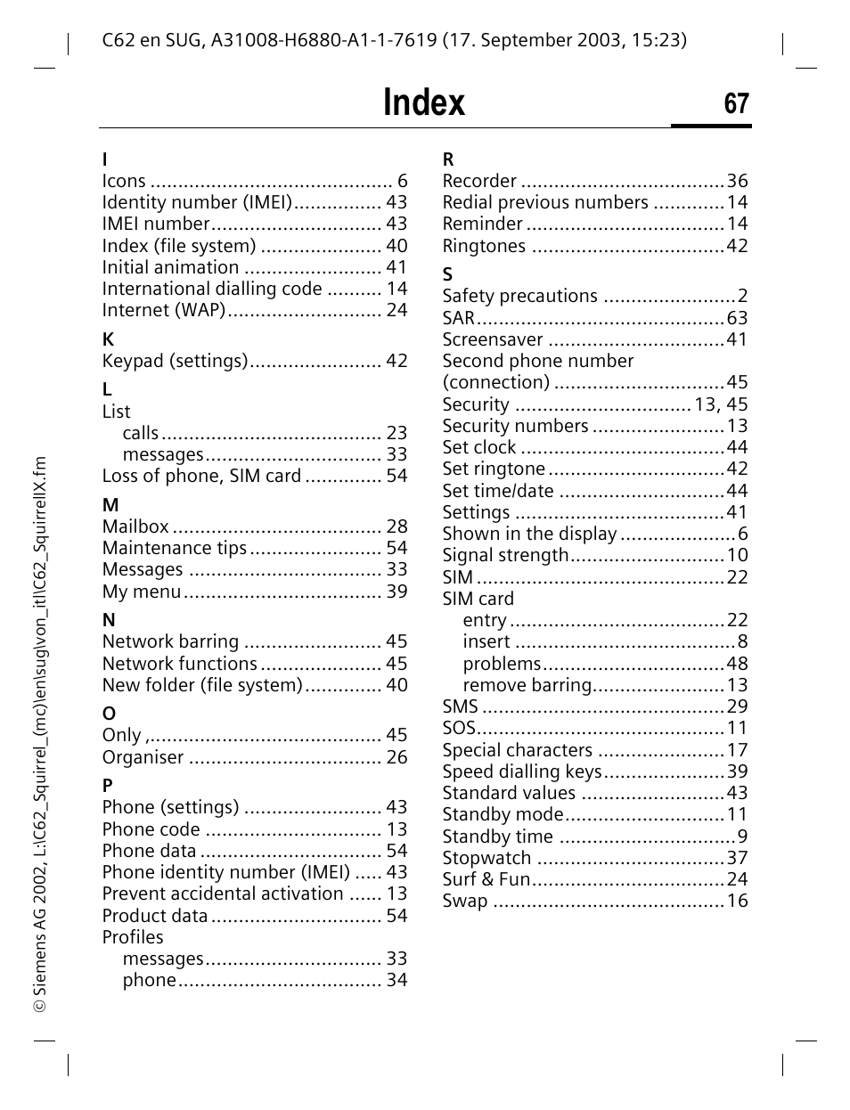 Index | Siemens C62 User Manual | Page 68 / 69