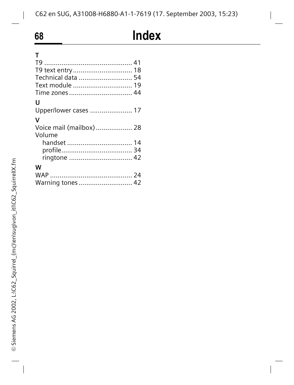 Index | Siemens C62 User Manual | Page 69 / 69