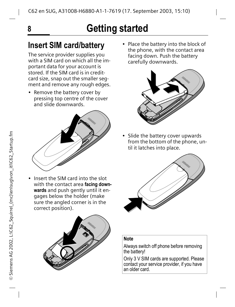 Getting started, Insert sim card/battery | Siemens C62 User Manual | Page 9 / 69