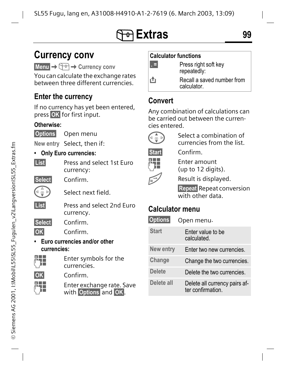 Currency conv, Enter the currency, Convert | Calculator menu, Extras | Siemens Gigaset SL55 User Manual | Page 100 / 144