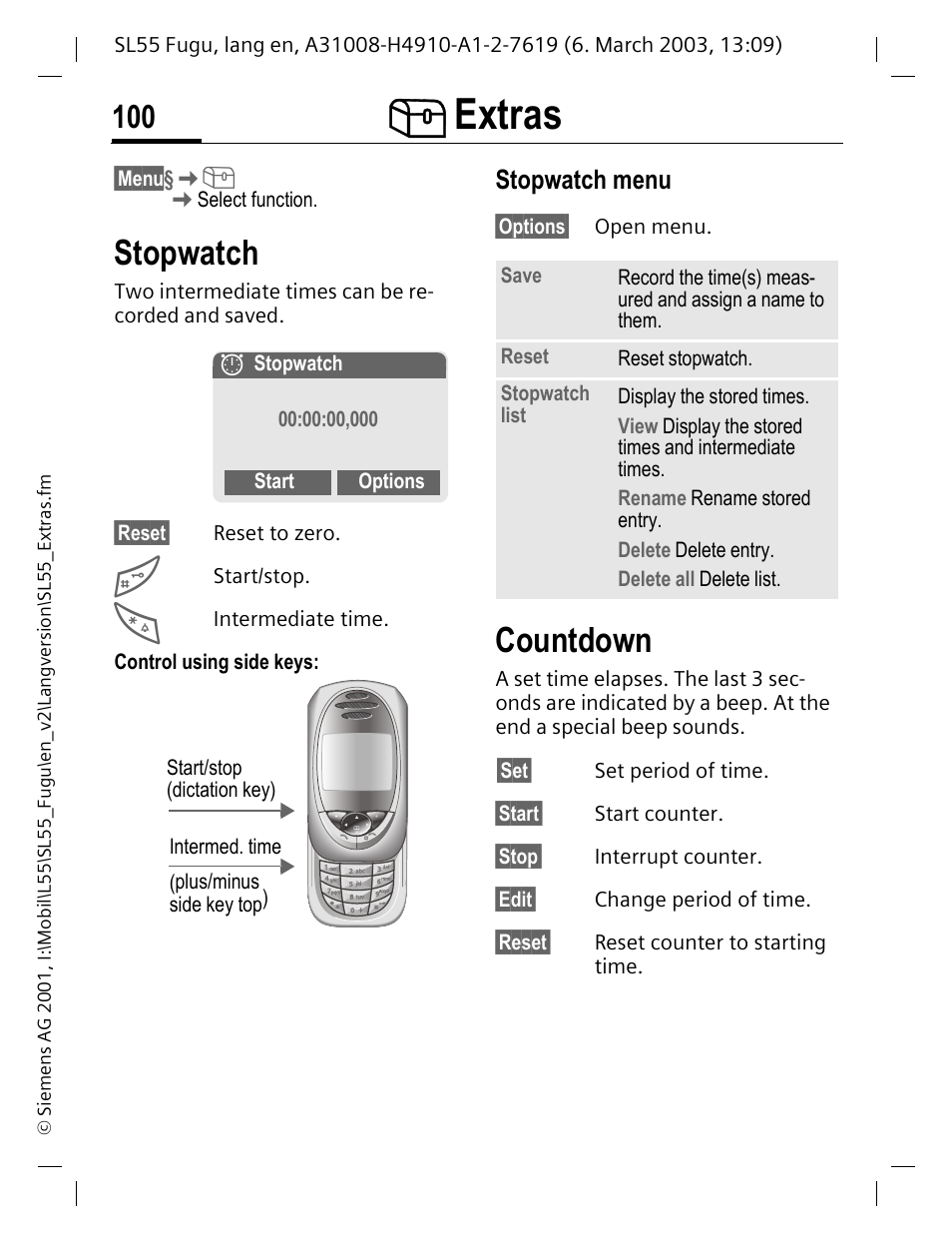 Stopwatch, Stopwatch menu, Countdown | Extras | Siemens Gigaset SL55 User Manual | Page 101 / 144