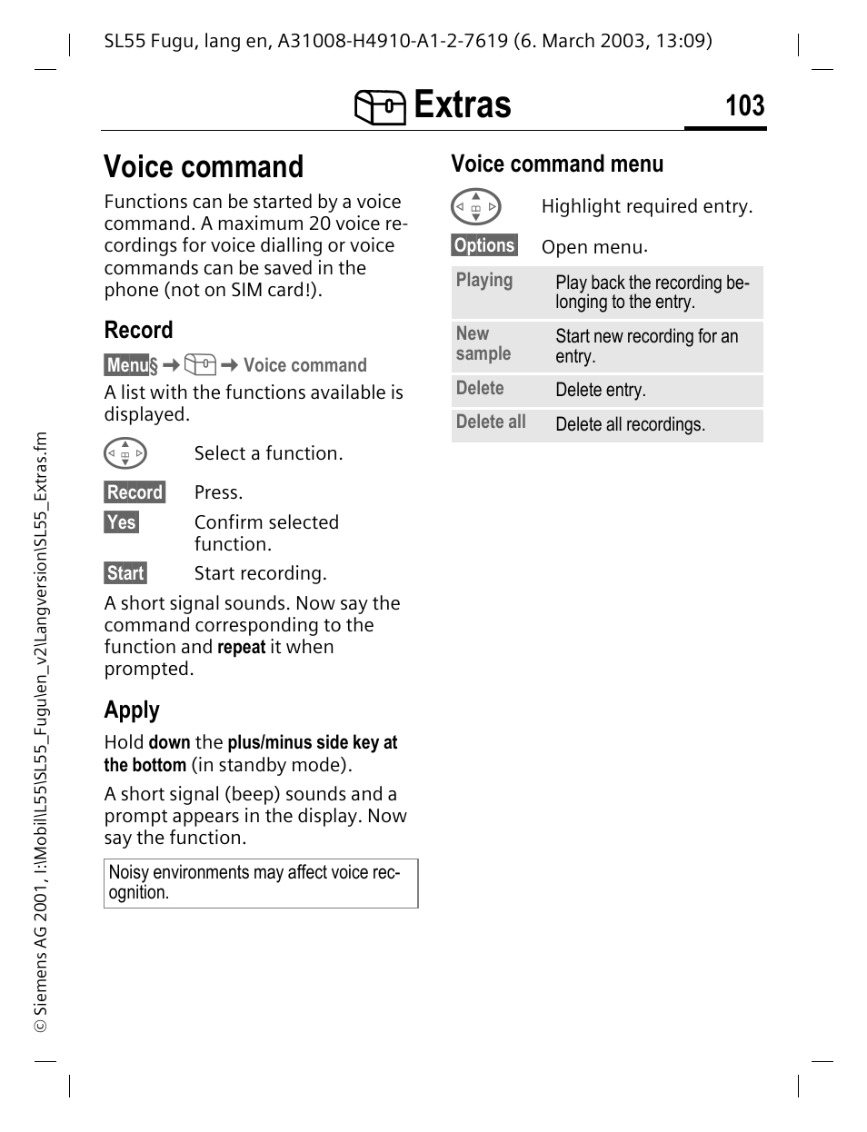 Voice command, Record, Apply | Voice command menu, Extras | Siemens Gigaset SL55 User Manual | Page 104 / 144