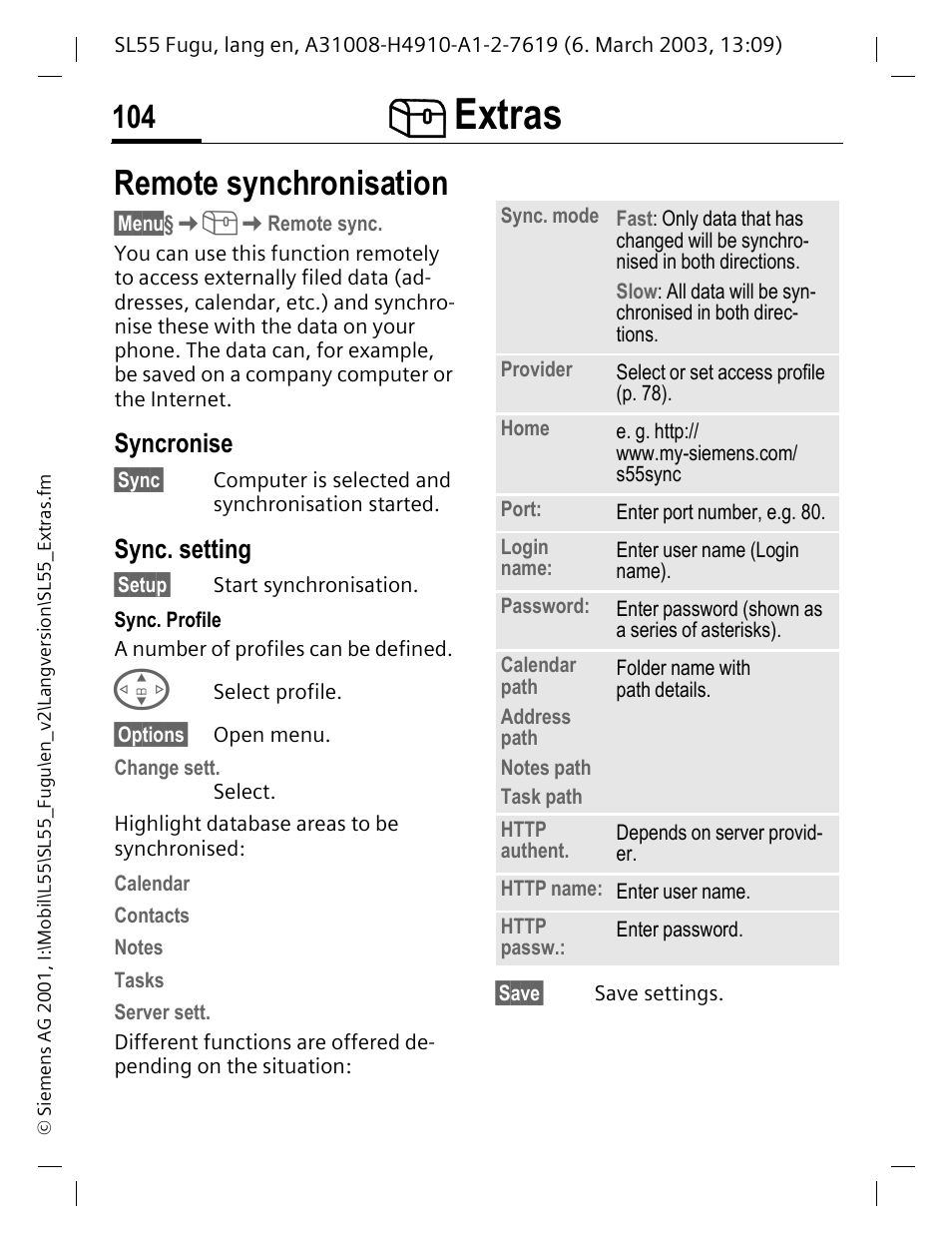 Remote synchronisation, Syncronise, Sync. setting | P. 104), Extras | Siemens Gigaset SL55 User Manual | Page 105 / 144