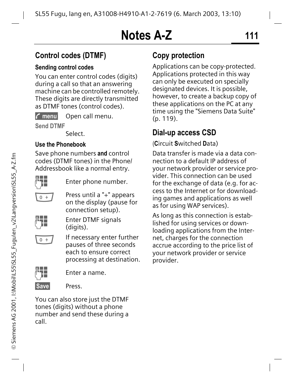 Notes a-z, Control codes (dtmf), Copy protection | Dial-up access csd, P. 111, P. 111) | Siemens Gigaset SL55 User Manual | Page 112 / 144