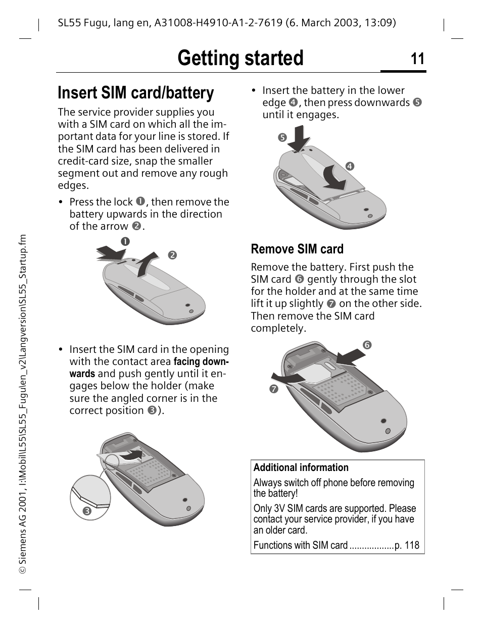 Getting started, Insert sim card/battery, Remove sim card | Siemens Gigaset SL55 User Manual | Page 12 / 144