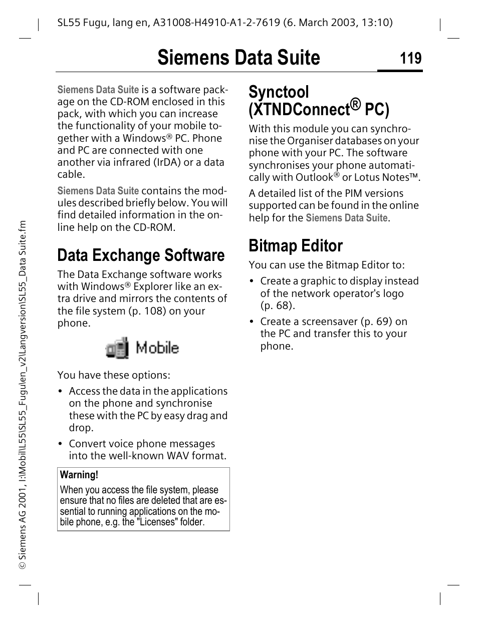 Siemens data suite, Pc (p. 119) you ca, P. 119) y | Data exchange software, Synctool (xtndconnect® pc), Bitmap editor | Siemens Gigaset SL55 User Manual | Page 120 / 144