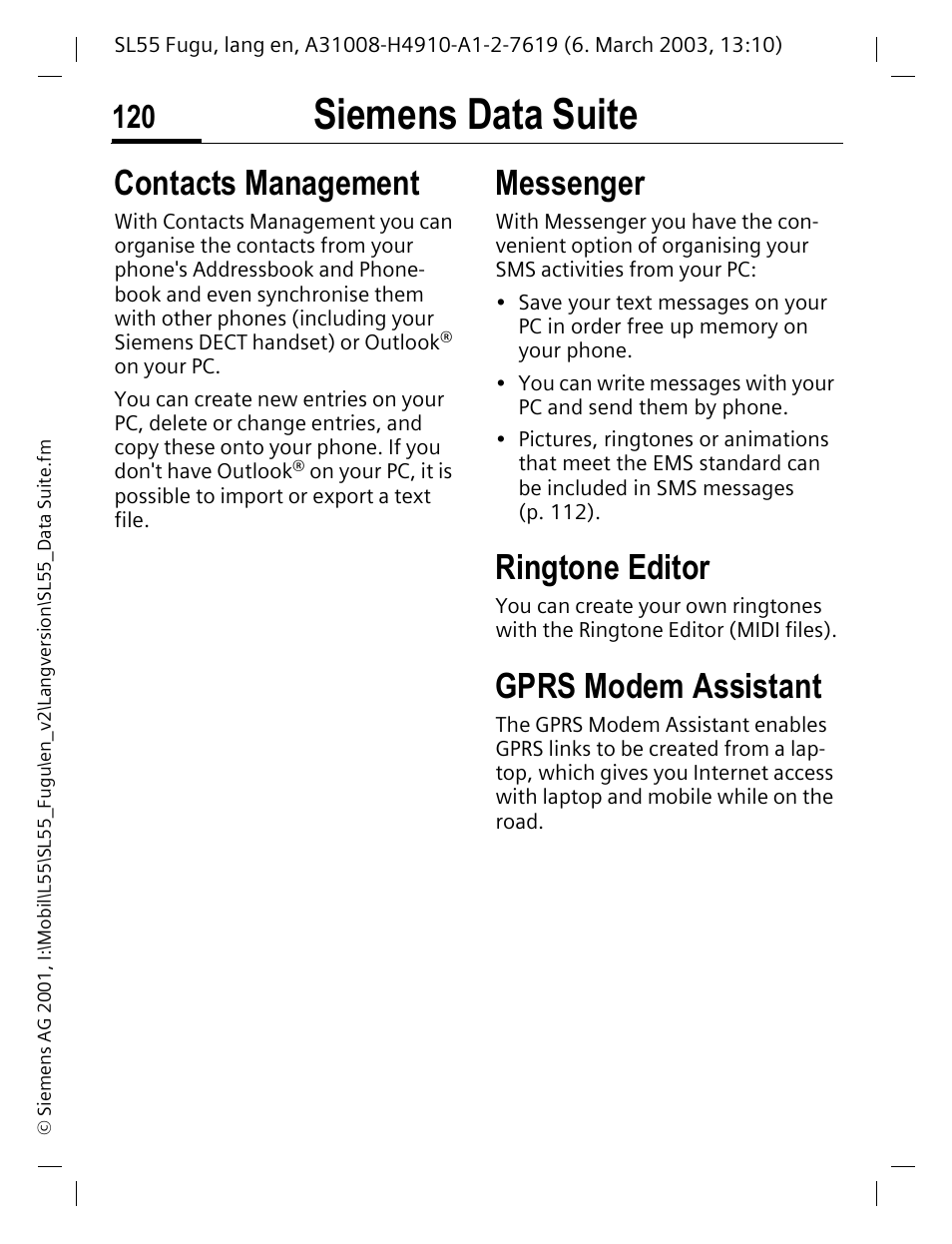 Siemens data suite, Contacts management, Messenger | Ringtone editor, Gprs modem assistant | Siemens Gigaset SL55 User Manual | Page 121 / 144