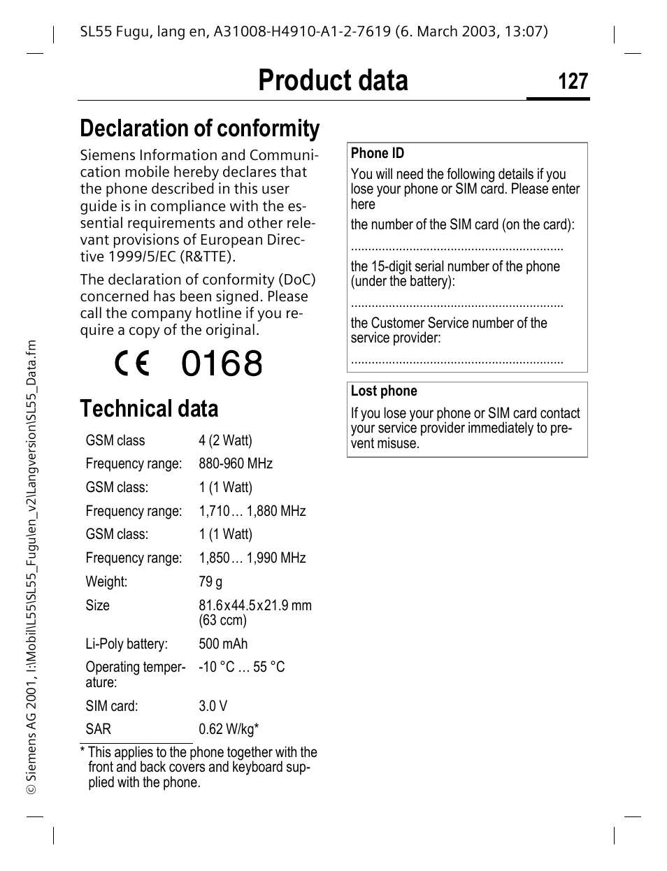 Product data, Declaration of conformity, Technical data | Siemens Gigaset SL55 User Manual | Page 128 / 144