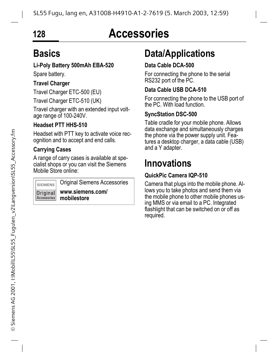 Accessories, P. 128), t, Basics | Data/applications, Innovations | Siemens Gigaset SL55 User Manual | Page 129 / 144