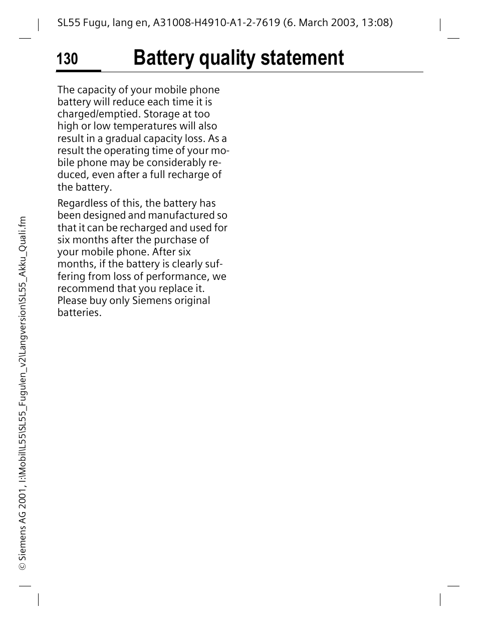 Battery quality statement | Siemens Gigaset SL55 User Manual | Page 131 / 144