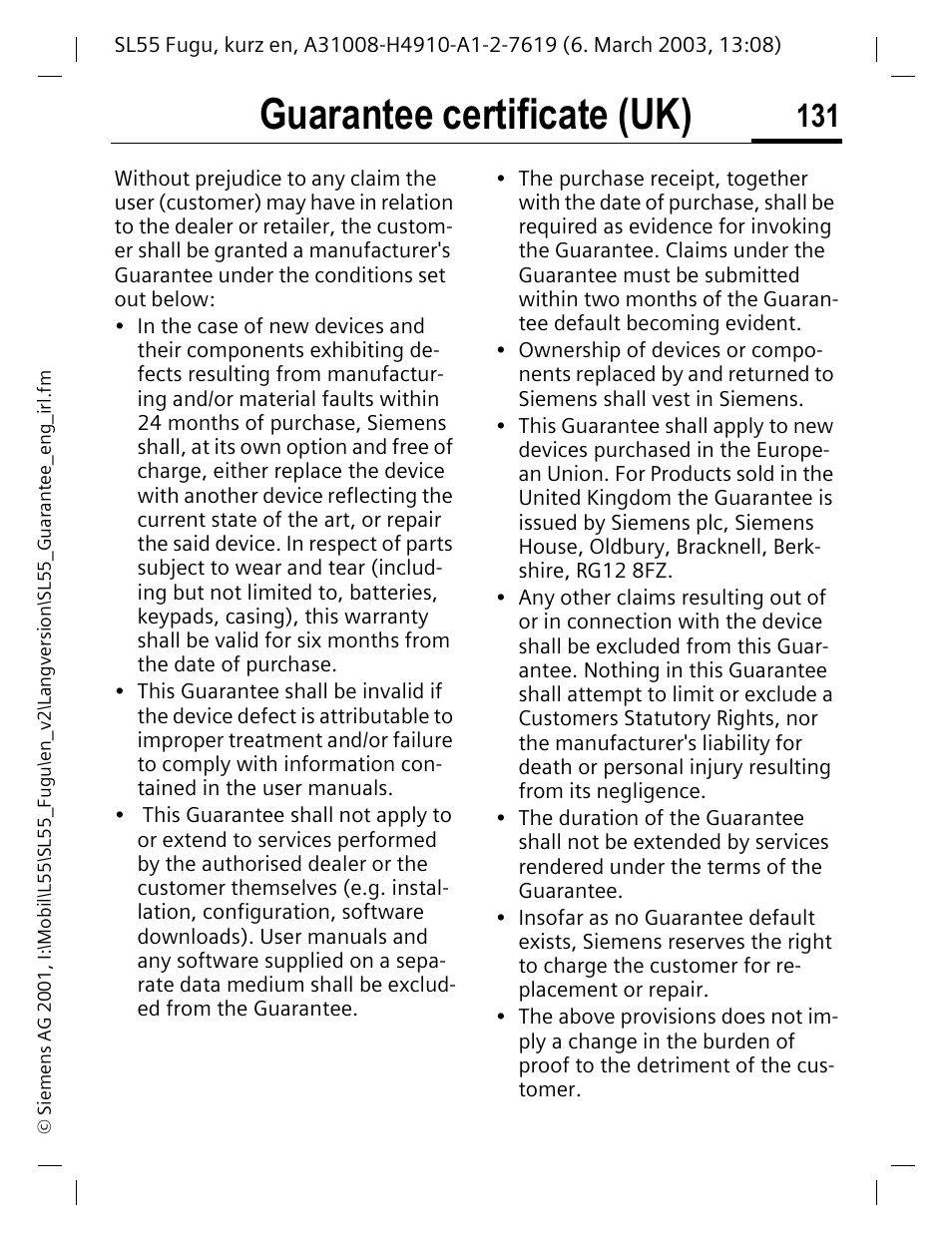 Guarantee certificate (uk) | Siemens Gigaset SL55 User Manual | Page 132 / 144