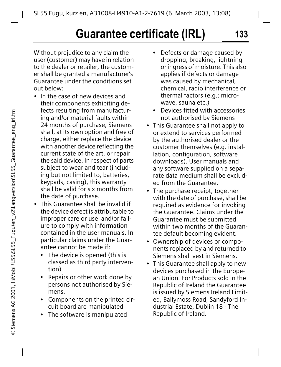 Guarantee certificate (irl) | Siemens Gigaset SL55 User Manual | Page 134 / 144