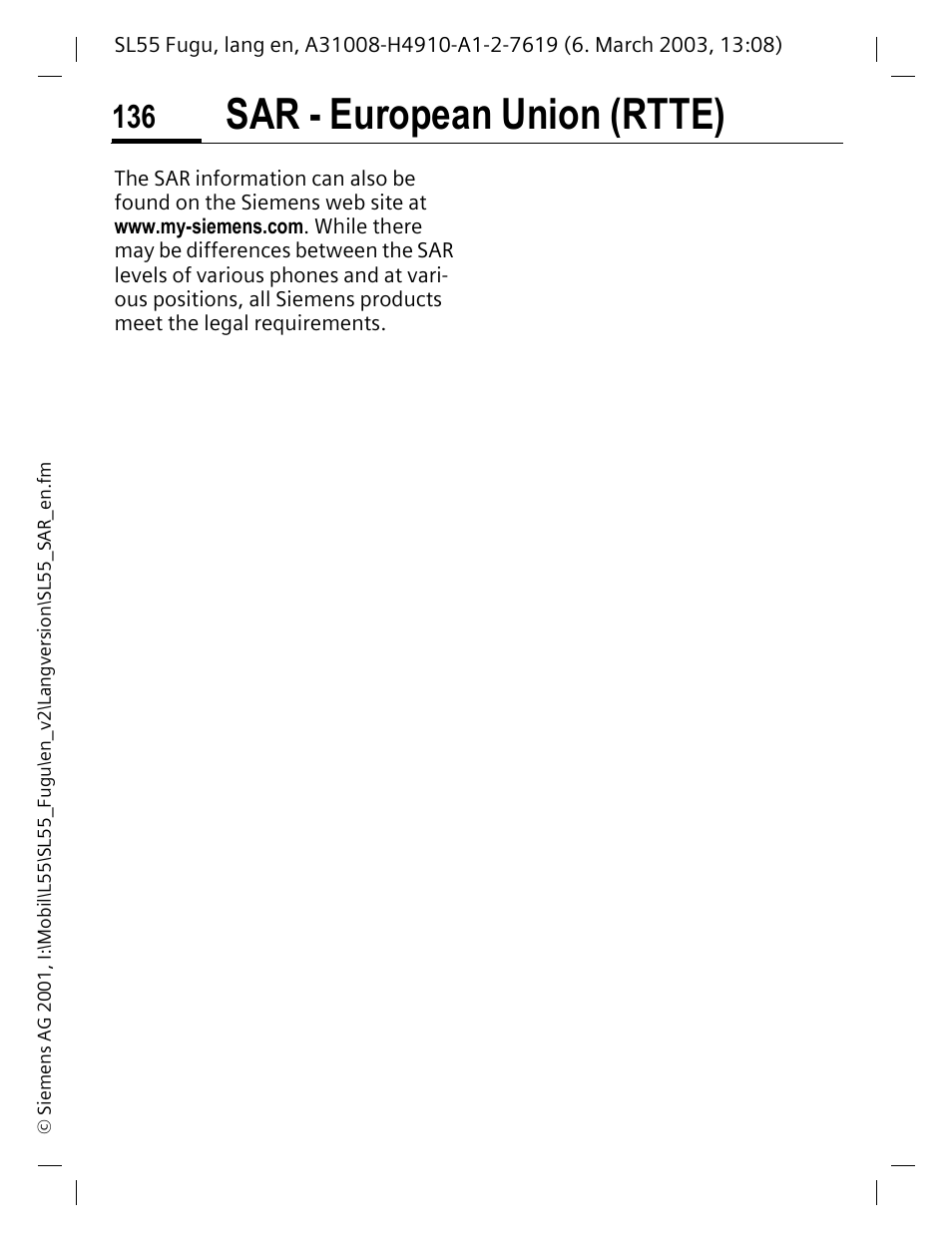 Sar - european union (rtte) | Siemens Gigaset SL55 User Manual | Page 137 / 144