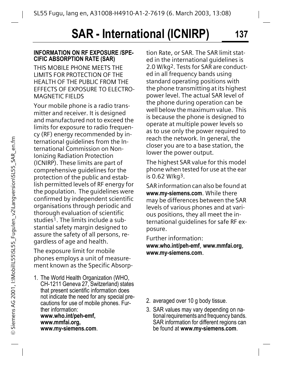 Sar - international (icnirp) | Siemens Gigaset SL55 User Manual | Page 138 / 144