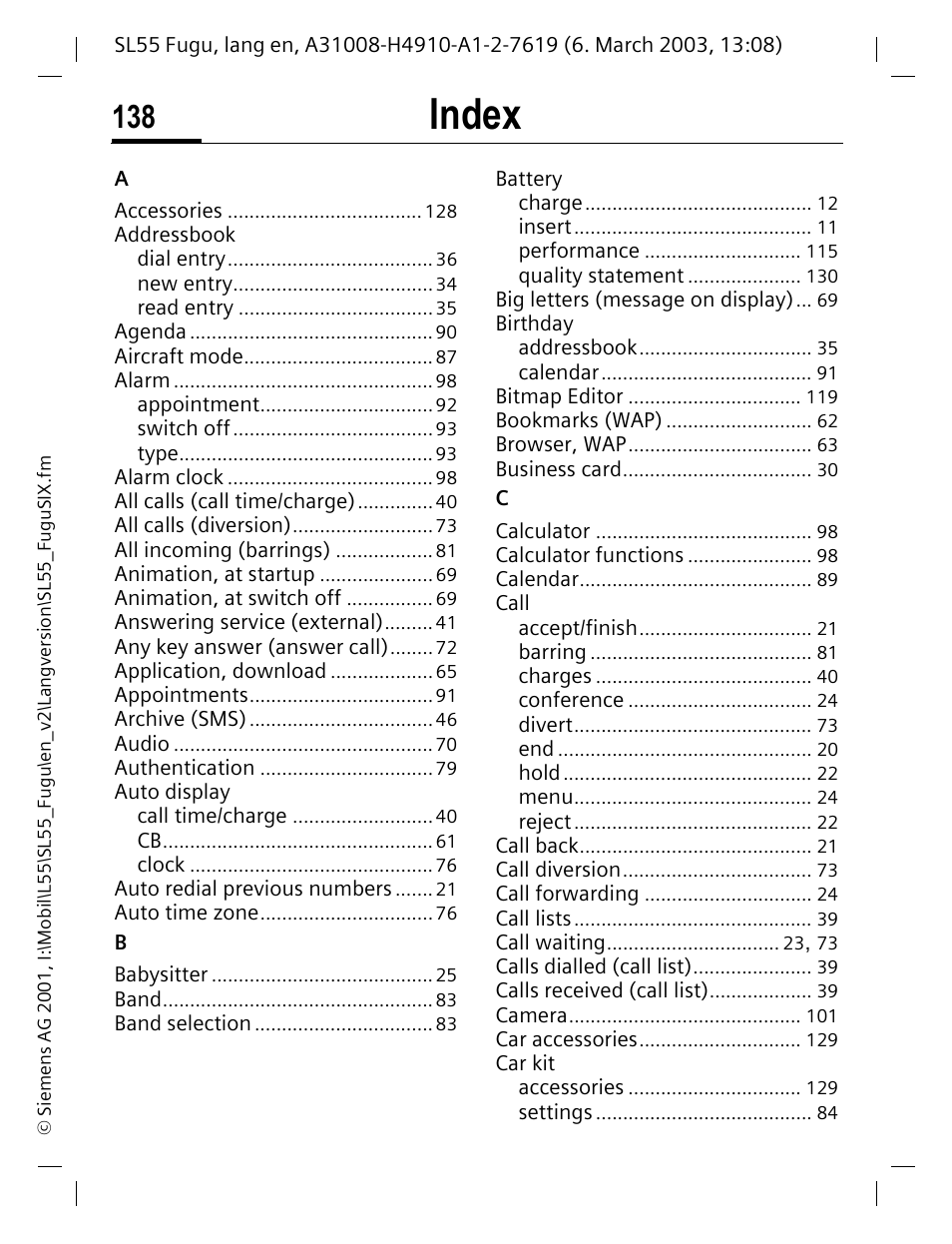 Index | Siemens Gigaset SL55 User Manual | Page 139 / 144