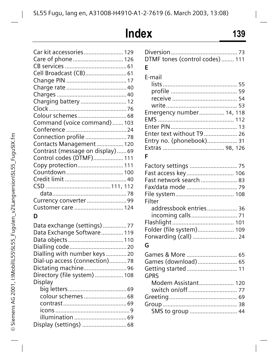 Index | Siemens Gigaset SL55 User Manual | Page 140 / 144