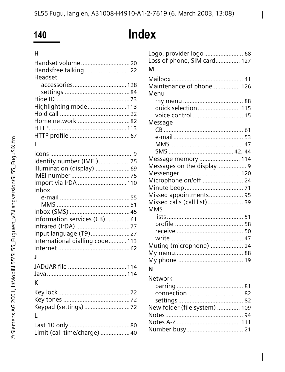 Index | Siemens Gigaset SL55 User Manual | Page 141 / 144