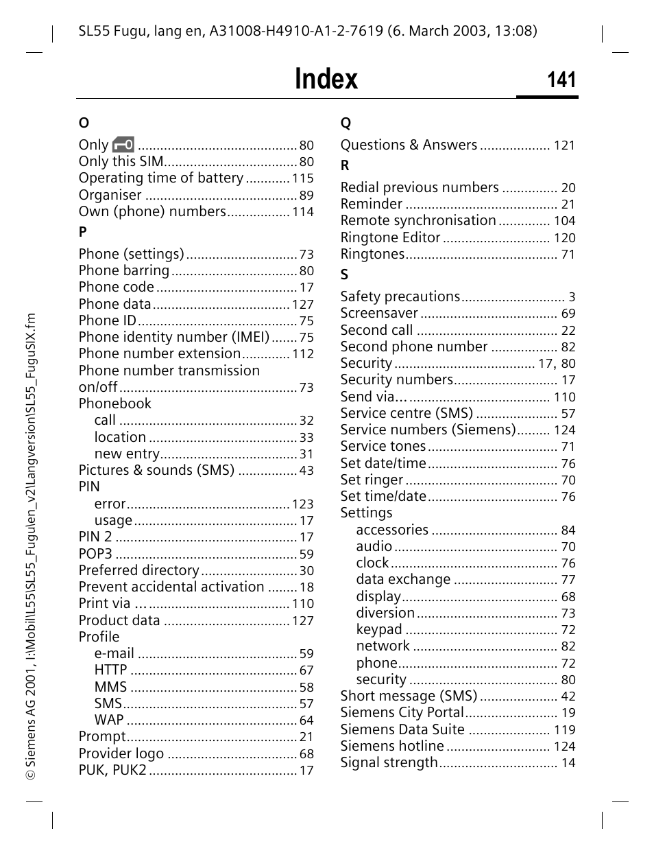 Index | Siemens Gigaset SL55 User Manual | Page 142 / 144