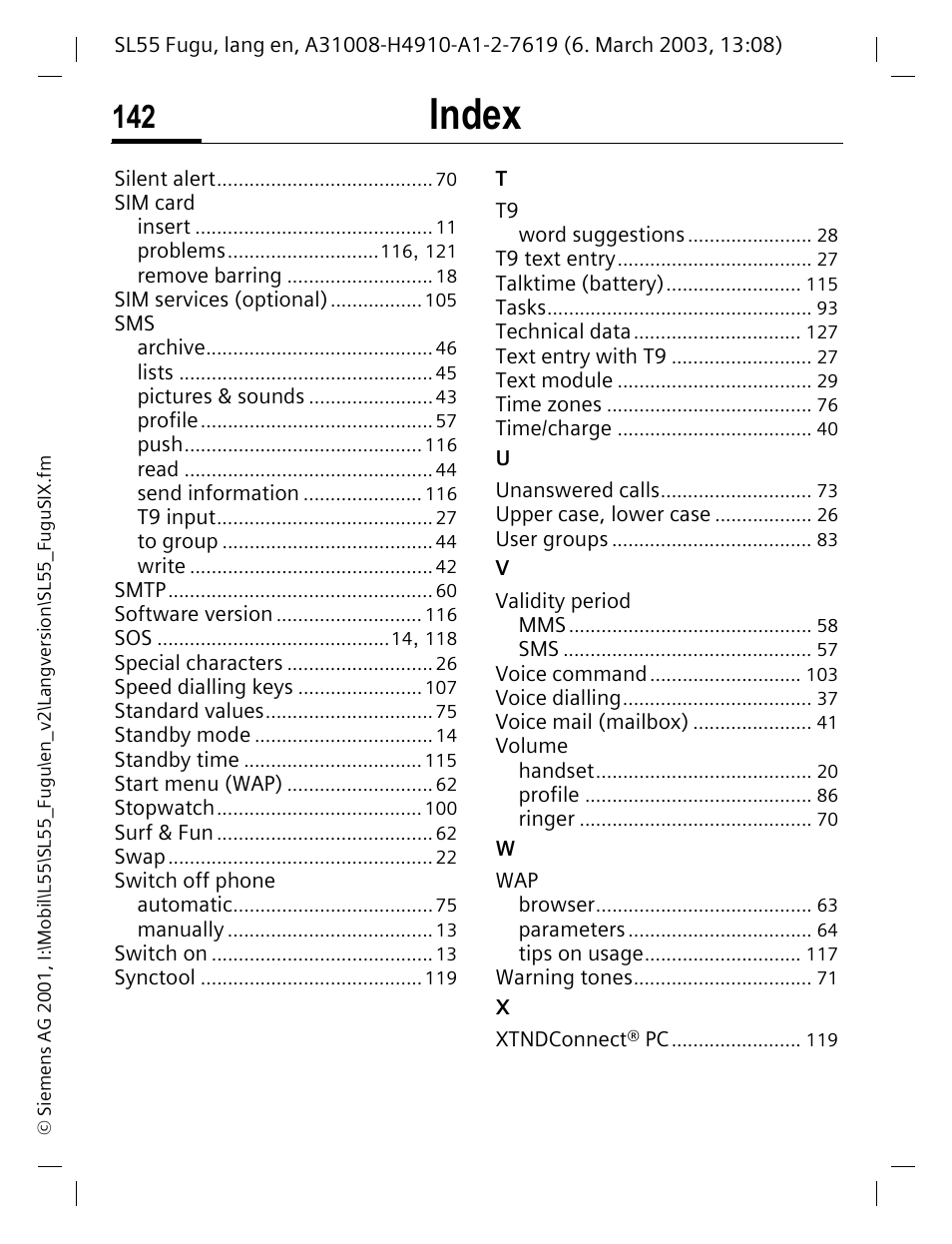Index | Siemens Gigaset SL55 User Manual | Page 143 / 144