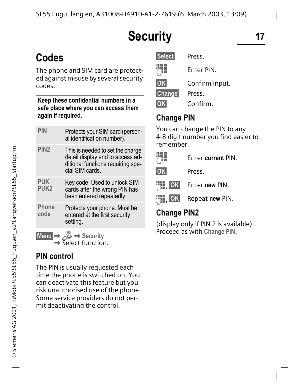 Security, Pin control, Change pin | Change pin2, P. 17, Codes | Siemens Gigaset SL55 User Manual | Page 18 / 144