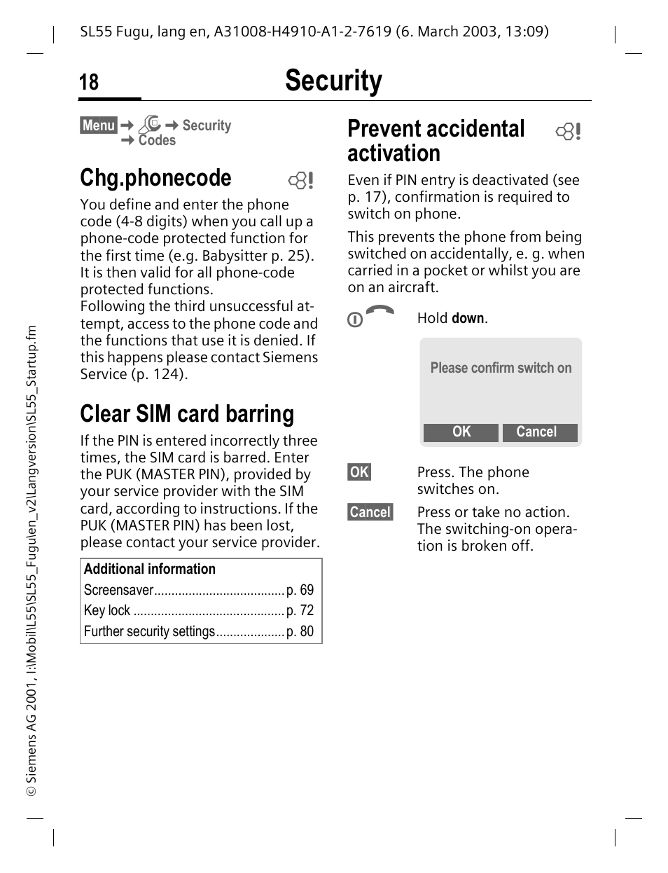 Prevent accidental activation, P. 18, Security | Chg.phonecode, Clear sim card barring | Siemens Gigaset SL55 User Manual | Page 19 / 144