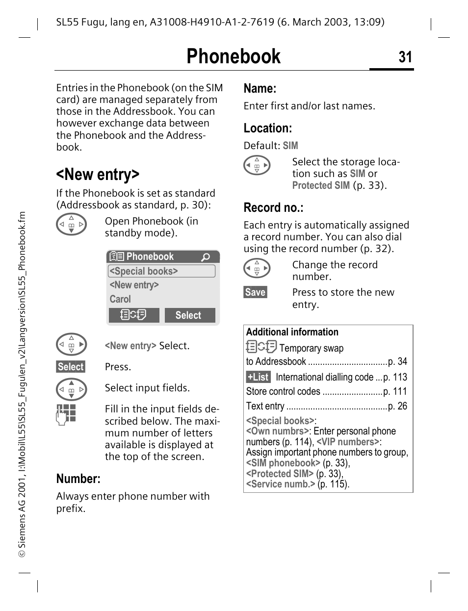 Phonebook, New entry, Number | Name, Location, Record no, P. 31, See p. 31) | Siemens Gigaset SL55 User Manual | Page 32 / 144