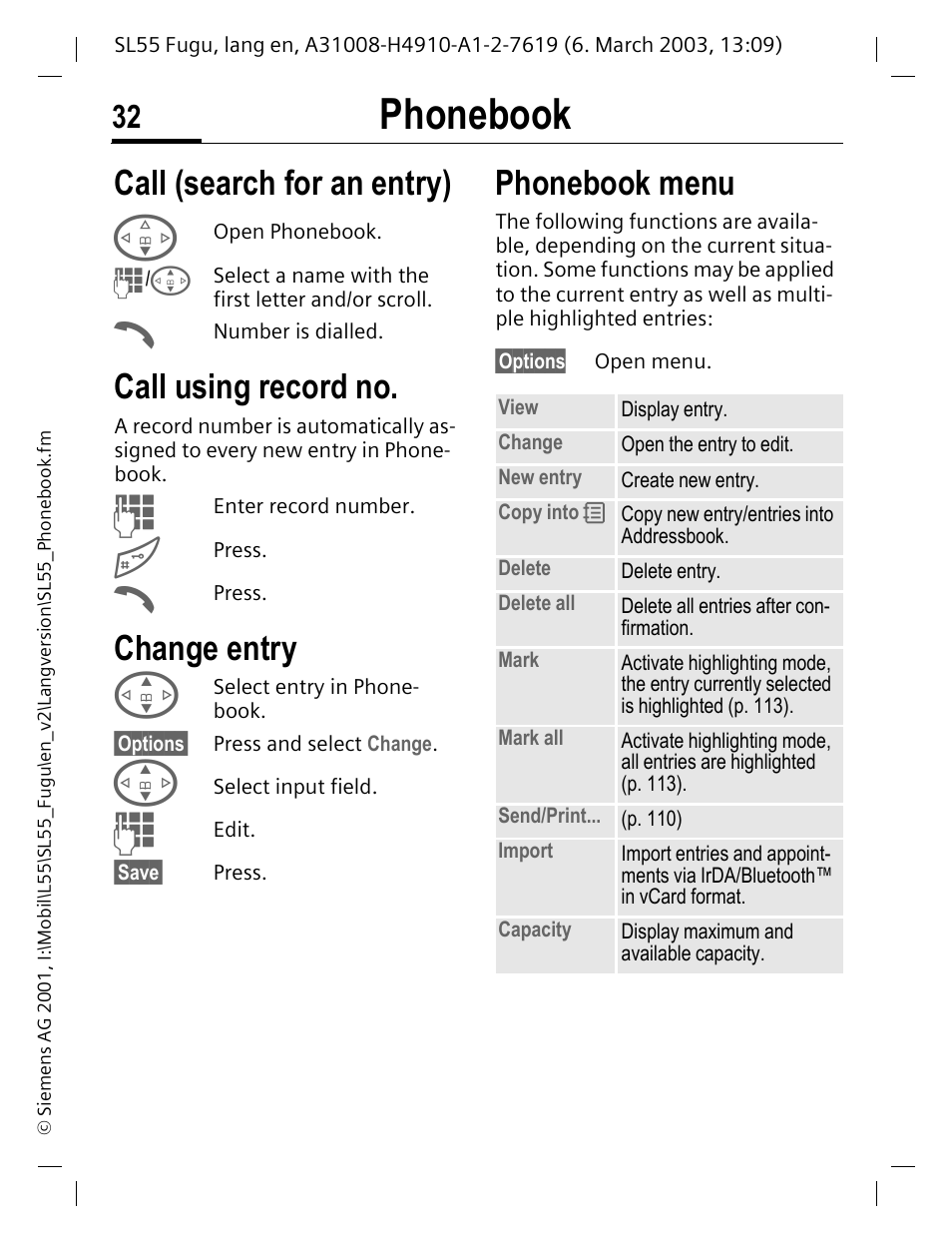Call (search for an entry), Change entry, Call (search for an entry) change entry | P. 32), Mber (p. 32), Phonebook, Call using record no, Phonebook menu | Siemens Gigaset SL55 User Manual | Page 33 / 144