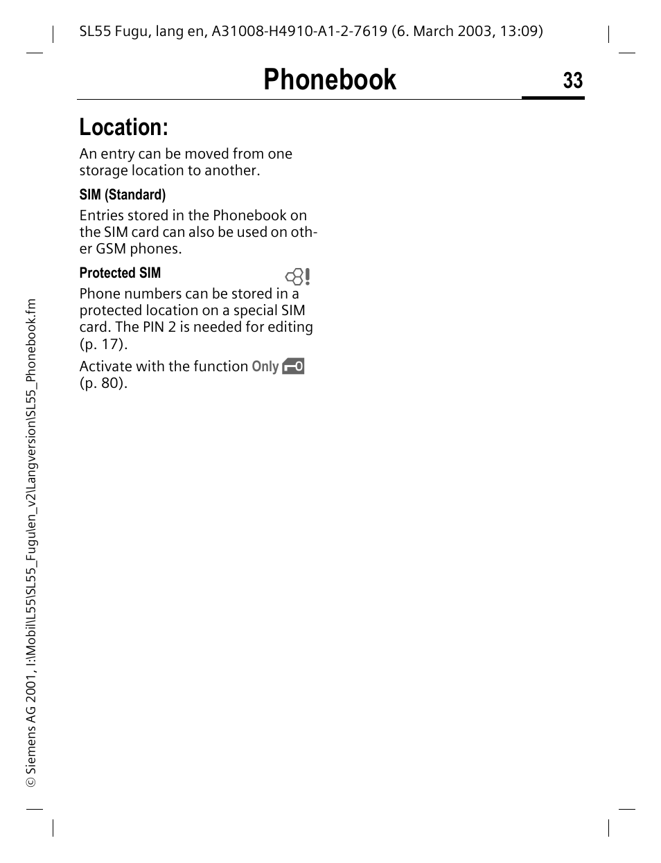 P. 33), Phonebook, Location | Siemens Gigaset SL55 User Manual | Page 34 / 144