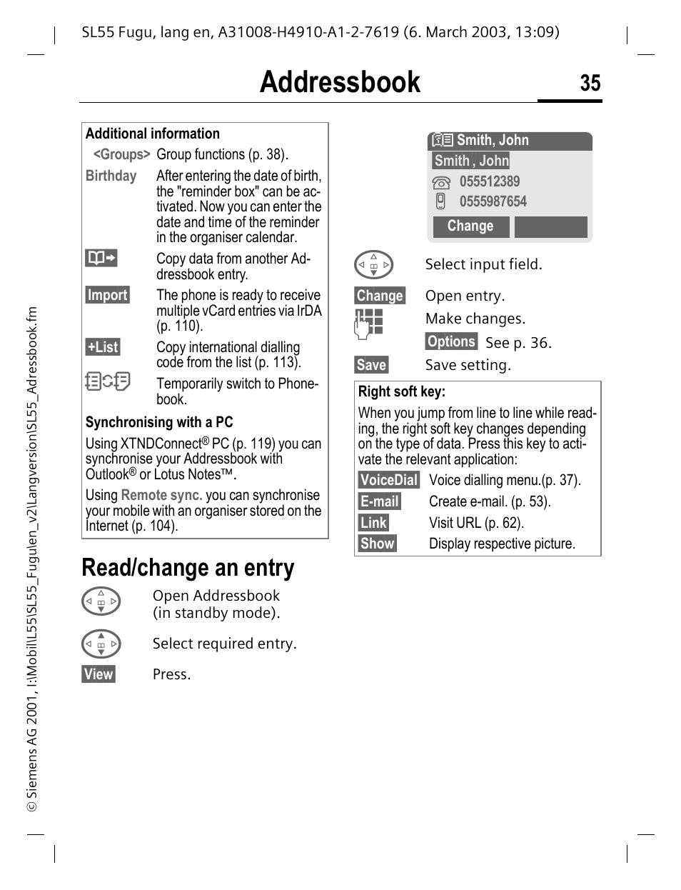 Read/change an entry, And p. 35, Y: (p. 35) | Addressbook | Siemens Gigaset SL55 User Manual | Page 36 / 144