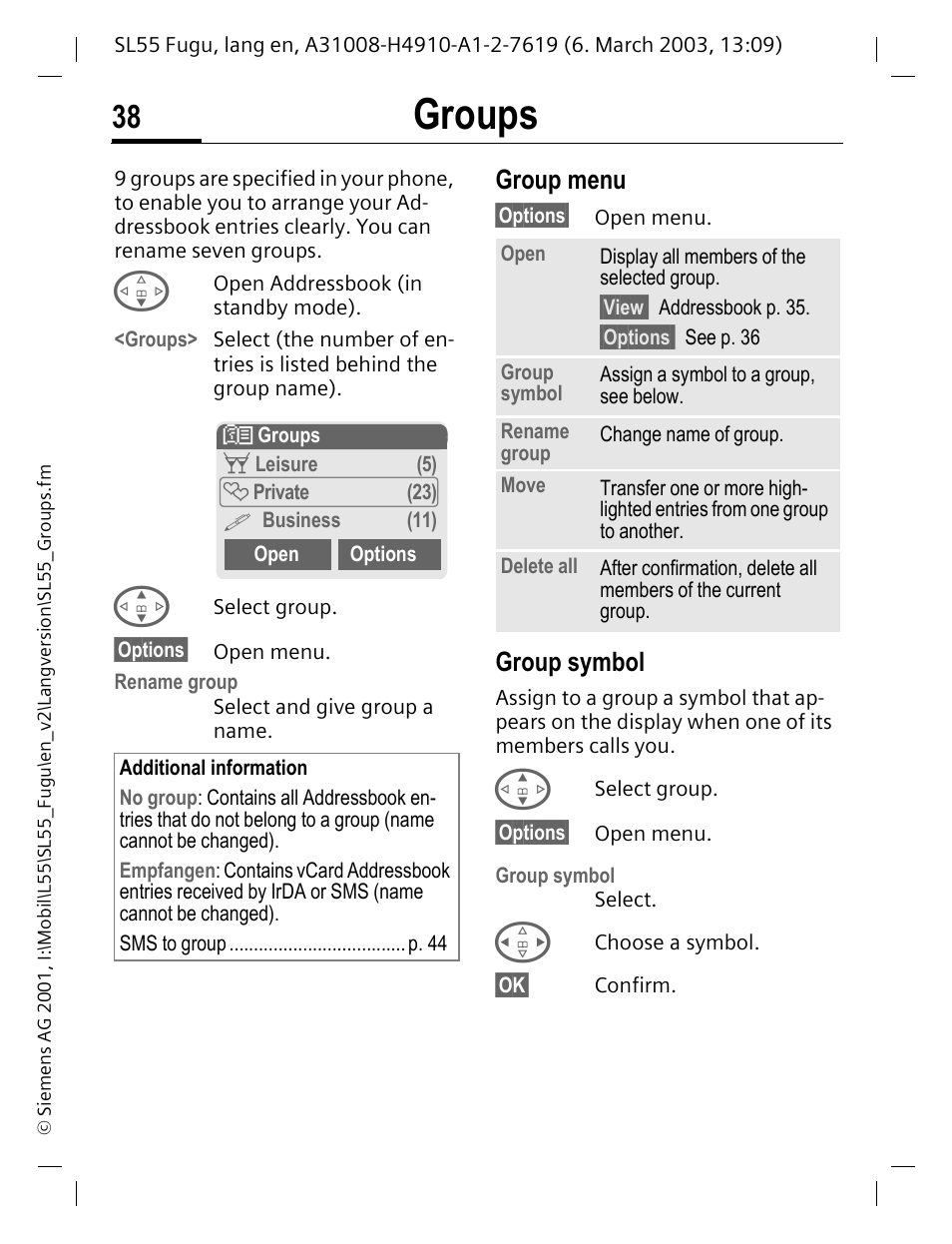 Groups, Group menu, Group symbol | See p. 38), P. 38). s, P. 38) | Siemens Gigaset SL55 User Manual | Page 39 / 144