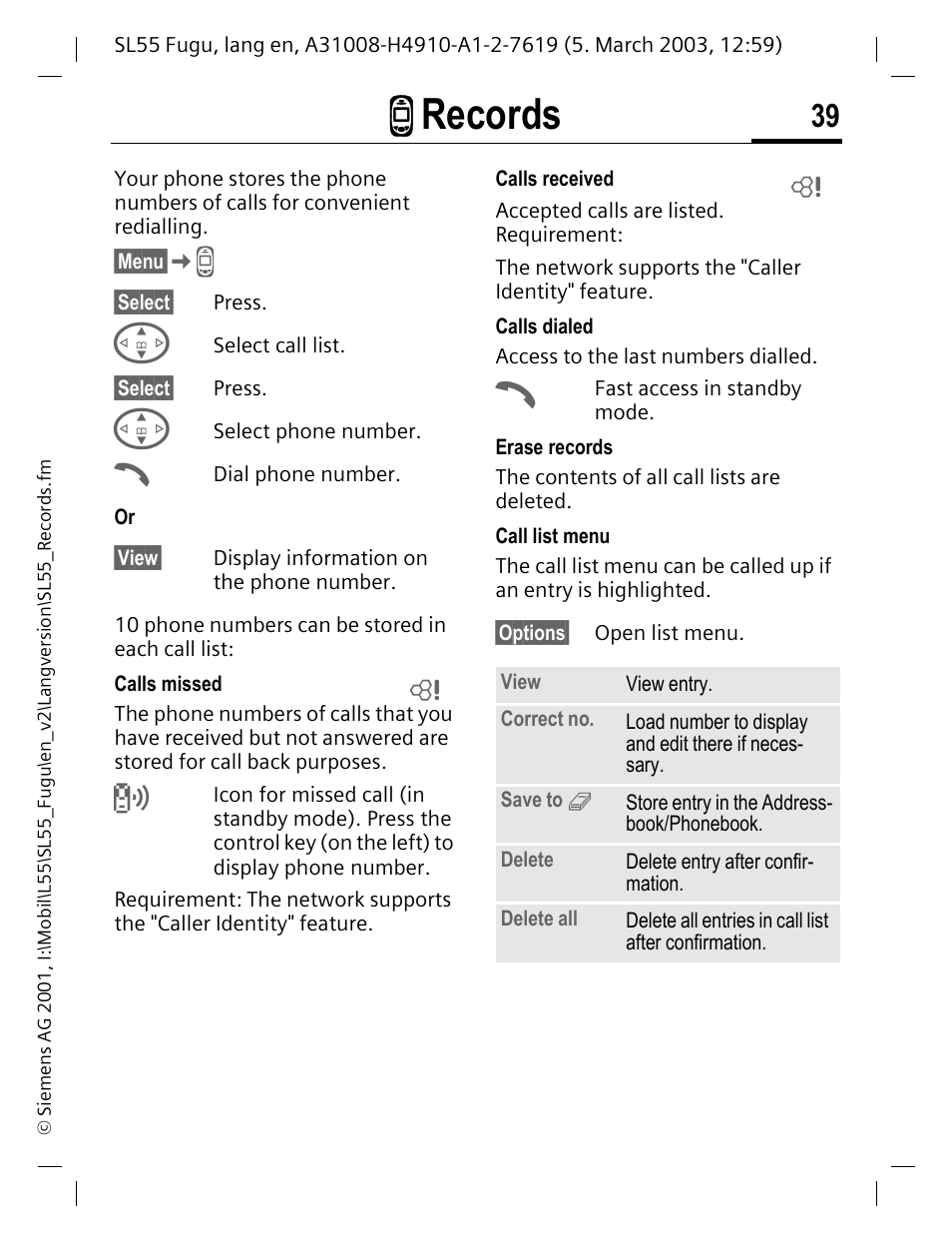 Records, P. 39, Zrecords | Siemens Gigaset SL55 User Manual | Page 40 / 144