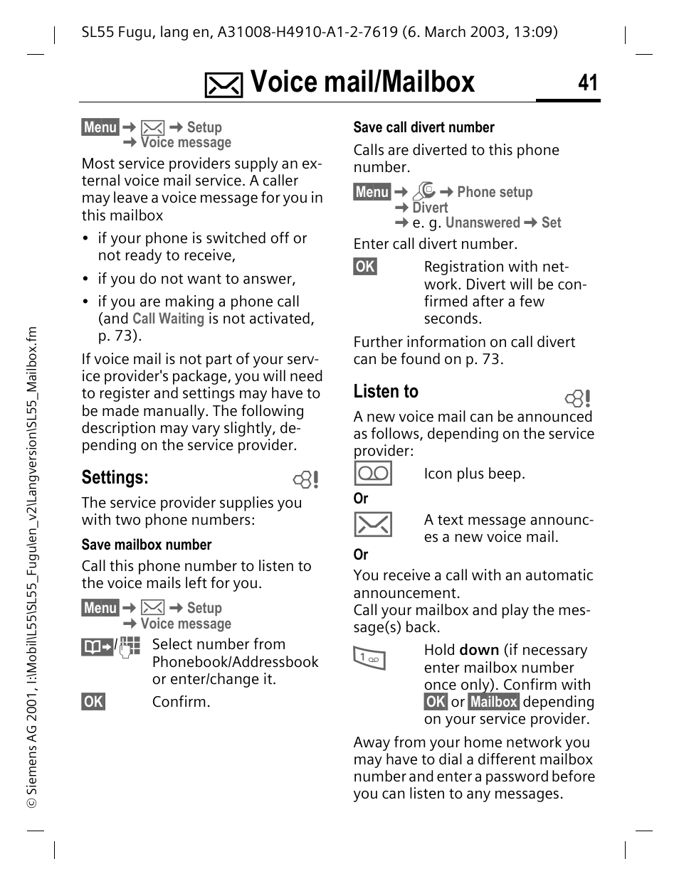 Voice mail/mailbox, Settings, Listen to | Siemens Gigaset SL55 User Manual | Page 42 / 144